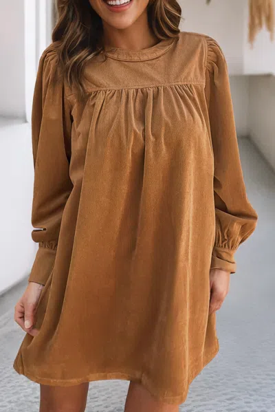 Little Daisy Closet Corduroy Pleated Puff Sleeve Shift Short Dress In Desert Gold In Multi
