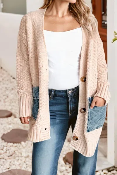 Little Daisy Closet Denim Pockets Cardigan In Soft Bronze In Pink