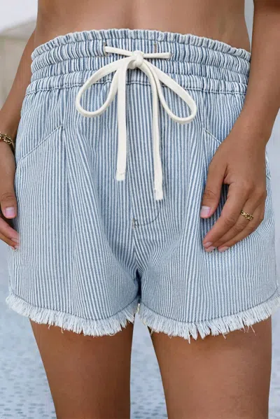 Little Daisy Closet Drawstring Elastic Waist Casual Denim Shorts In Sky Blue Stripe In Multi