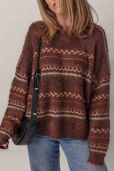 Little Daisy Closet Ethnic Pattern Mohair Knitted Drop Shoulder Sweater In Brown