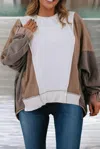 Little Daisy Closet Exposed Seam Colorblock Patchwork Sweatshirt In Brown In Brown