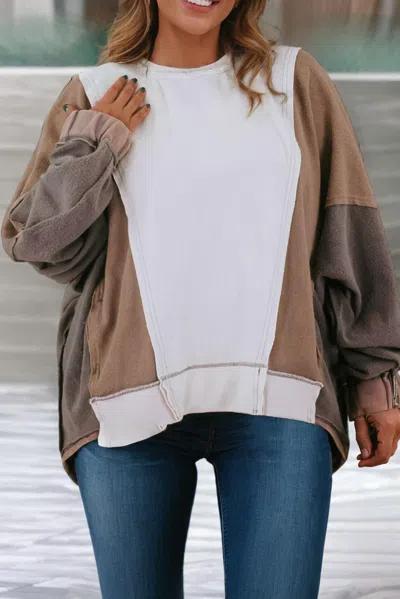 Little Daisy Closet Exposed Seam Colorblock Patchwork Sweatshirt In Brown