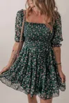 Little Daisy Closet Floral Mesh Overlay Square Neck Ruffle Mini Dress In Darkgreen In Green
