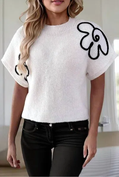 Little Daisy Closet Floral Pattern Short Batwing Sleeve Sweater In White