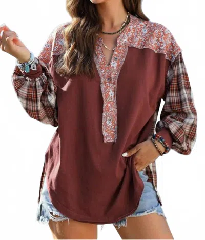 Little Daisy Closet Floral Plaid Mixed Print Bishop Sleeve Patchwork Top In Multicolor In Red