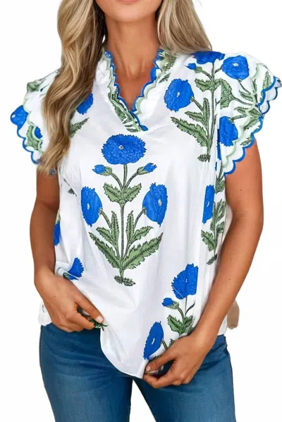 Little Daisy Closet Flower Contrast Trim Scallop Detail Short Sleeve Blouse In Blue In White