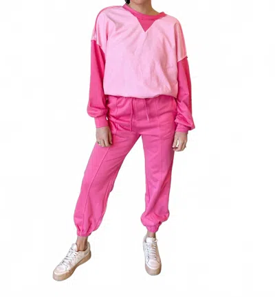 Little Daisy Closet Ivy Contrast Patchwork Pullover & Jogger Set In Pink