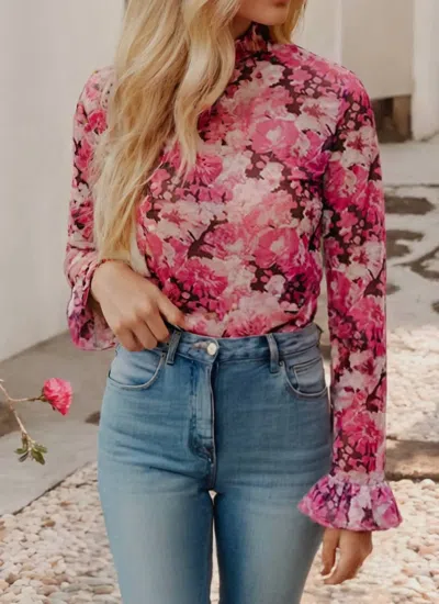 Little Daisy Closet Leann Floral Mesh Long Sleeve Top In Red