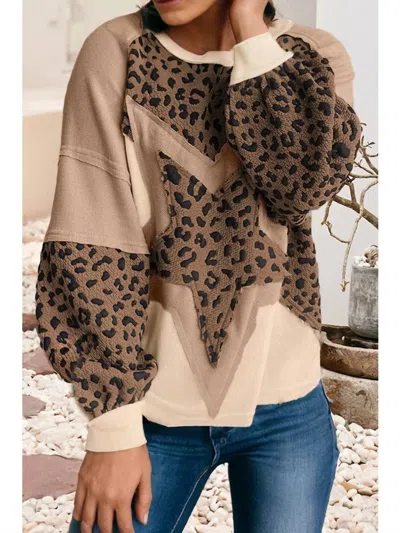 Little Daisy Closet Leopard Star Applique & Panels Pullover In Light French Beige In Multi
