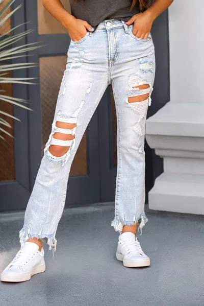 Little Daisy Closet Light Wash Distressed Straight Leg Slim Fit Jeans In Beau Blue