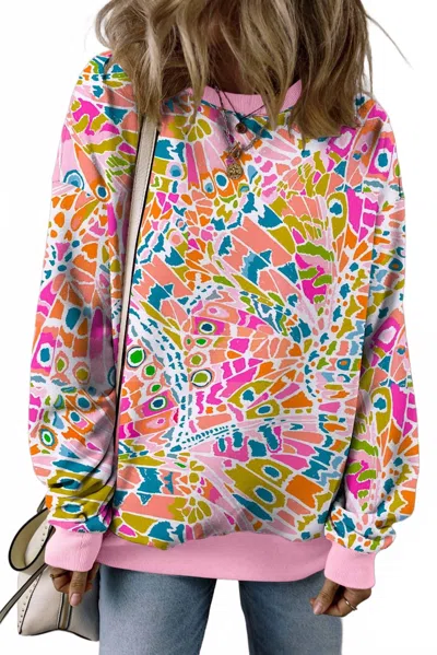 Little Daisy Closet Loose Drop Shoulder Abstract Printed Sweatshirt In Pink