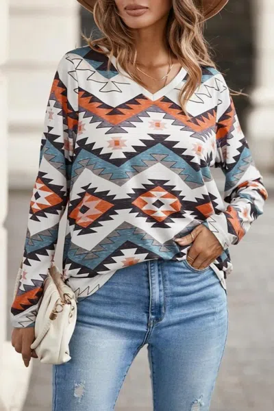 Little Daisy Closet Multicolor Western Print V Neck Long Sleeve Top In Beige