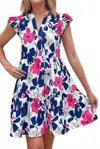 Little Daisy Closet Notched Neck Flutter Sleeve Mini Dress In Rose Floral Print In Multi