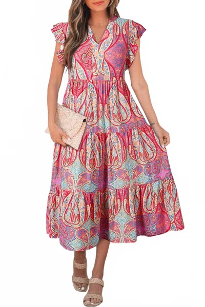 Little Daisy Closet Paisley Print Ruffled Sleeve Notch Neck Midi Dress In Rose In Multi