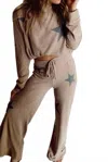 Little Daisy Closet Retro Star Long Sleeve Drawstring Wide Leg Pajama Set In Khaki In Brown