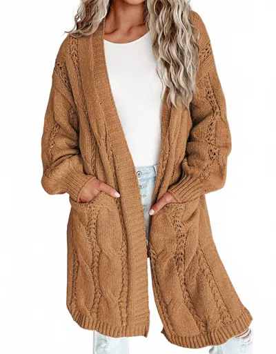 Little Daisy Closet Ribbed Trim Eyelet Cable Knit Cardigan In Brown