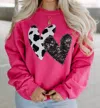 Little Daisy Closet Strawberry Pink Cow & Sequin Double Heart Patch Sweatshirt In Pink