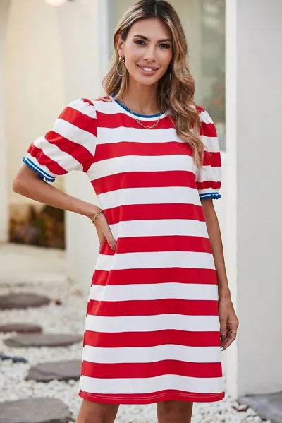 Little Daisy Closet Stripe Contrast Trim Puff Sleeve Shift Dress In Red