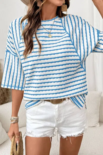 Little Daisy Closet Striped Textured Knit Split Hem Top In Sky Blue Stripe In Multi