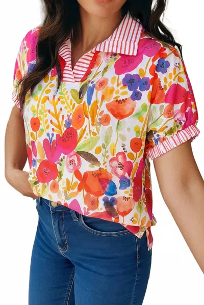 Little Daisy Closet Striped Trim Collared V Neck Floral Blouse In Pink