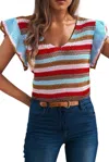 Little Daisy Closet Striped V-neck Ruffle Short Sleeve Top In Multi In Multi