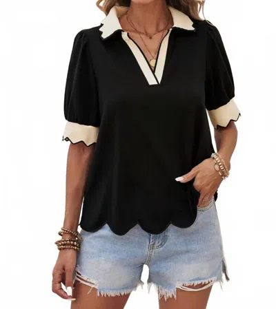Little Daisy Closet Taya Contrast Ruffle Collared Blouse In Black & White In Multi