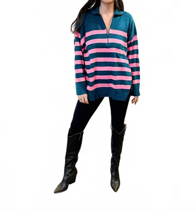 Little Daisy Closet Tish Striped Quarter Zip Pullover Sweater In Green/pink In Multi