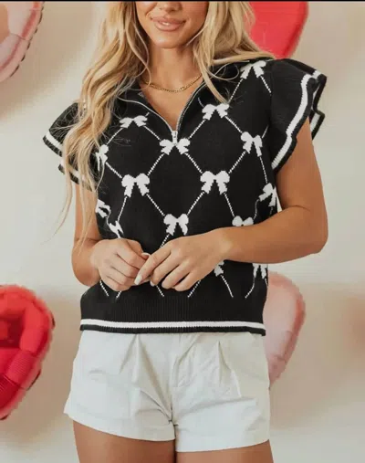 Little Daisy Closet Tisha Bow Print Zip Up Sweater In Black And White