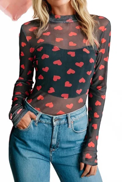 Little Daisy Closet Valentines Heart Mock Neck Sheer Mesh Long Sleeve Top In Black / Red In Multi