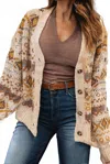 Little Daisy Closet Western Pattern Knitted Button V Neck Cardigan Sweater In Khaki In Multi