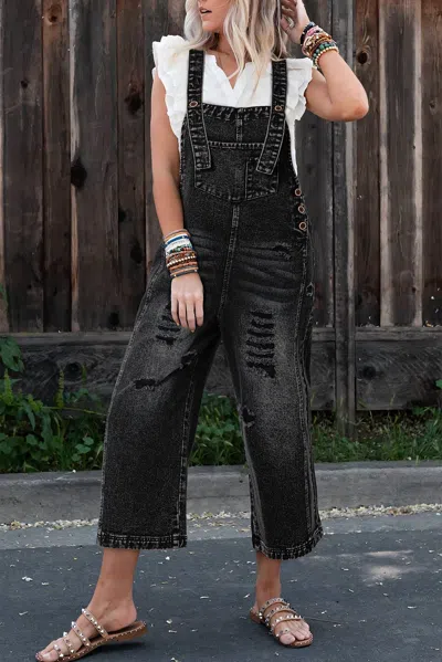 Little Daisy Closet Women's Distressed Bib Pocket Wide Leg Denim Overall In Black