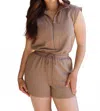 Little Daisy Closet Women's Ribbed Drawstring Romper In Mocha In Brown