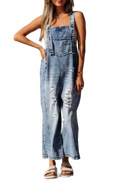 Little Daisy Closet Women's Stella Distressed Bib Pocket Wide Leg Denim Overall In Blue