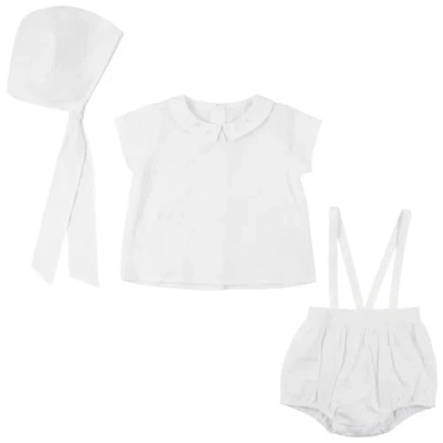 Little Fragile Babies'  Boy Collared Top, Adjustable Strap Overall Shorts And Bonnet Set In White