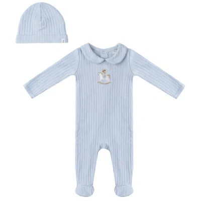 Little Fragile Babies'  Boy Horse Bear Pointelle Knit Long Sleeve Romper And Hat Set In Blue