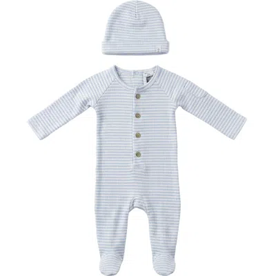 Little Fragile Babies'  Boy Stripe Rib Front Button Opening Matching Hat Romper Set In Blue