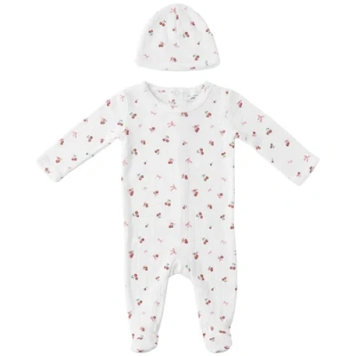 Little Fragile Kids'  Cherry Pointelle Scalloped Edge Romper And Hat Set In White
