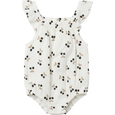 Little Fragile Babies'  Crinkle Woven Cherry Ruffle Strap Romper In White
