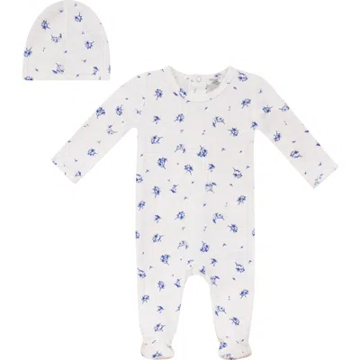 Little Fragile Babies'  Floral Snap Back Ankle Elastic Romper With Matching Hat In Blue