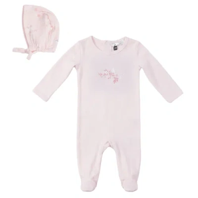Little Fragile Babies'  Girl Bird & Floral Chest Detail Bonnet Romper Set In Pink