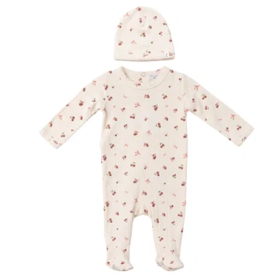 Little Fragile Babies'  Girl Cherry Pointelle Scalloped Edge Romper And Hat Set In Pink