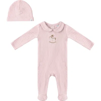 Little Fragile Babies'  Girl Horse Bear Pointelle Knit Long Sleeve Romper And Hat Set In Pink
