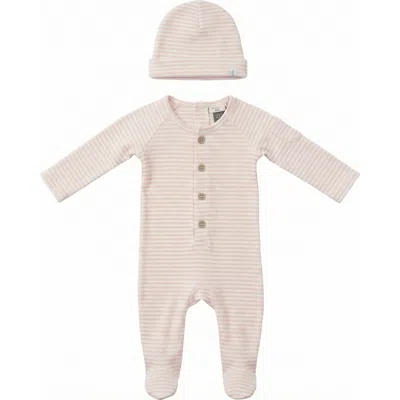 Little Fragile Babies'  Girl Stripe Rib Front Button Opening Matching Hat Romper Set In Pink