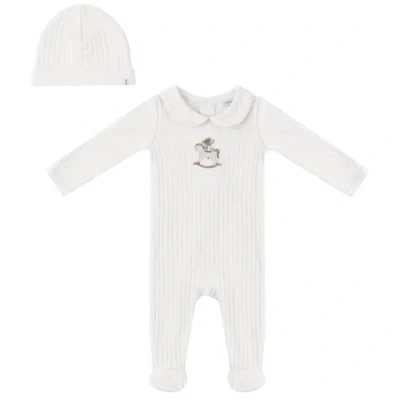 Little Fragile Kids'  Horse Bear Pointelle Knit Long Sleeve Romper And Hat Set In White