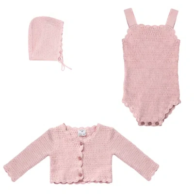 Little Fragile Babies'  Scalloped Button Cardigan Romper & Knit Hat Set In Pink