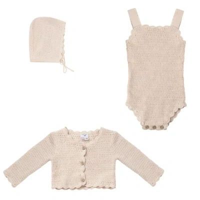 Little Fragile Babies'  Scalloped Button Cardigan Romper Hat Knit Set In Pink