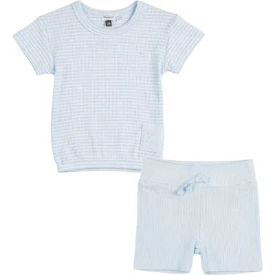 Little Fragile Babies'  Stripe Rib Short Sleeve Top And Twill Tape Knot Shorts Two Piece Set In Blue