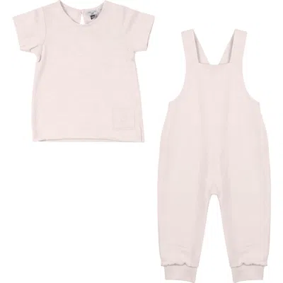Little Fragile Babies'  Tee And Cross Back Adjustable Strap Rib Cuff Overall & Short Sleeve Top Two Piece Set In Pink