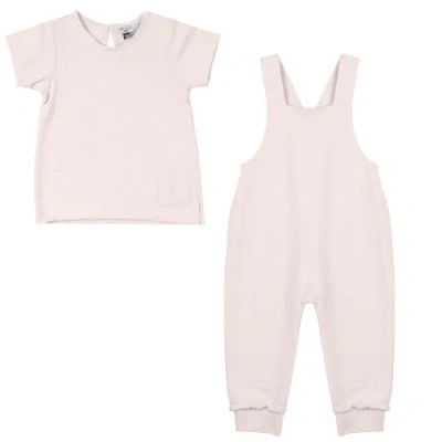 Little Fragile Babies'  Tee And Cross Back Adjustable Strap Rib Cuff Overall & Short Sleeve Top Two Piece Set In Pink