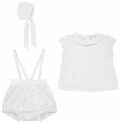 Little Fragile Babies'  Woven Scalloped Lace Top And Adjustable Overall Shorts In White